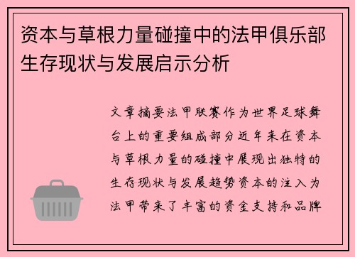 资本与草根力量碰撞中的法甲俱乐部生存现状与发展启示分析