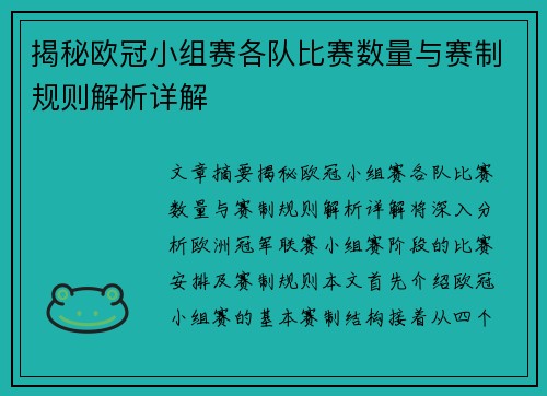 揭秘欧冠小组赛各队比赛数量与赛制规则解析详解